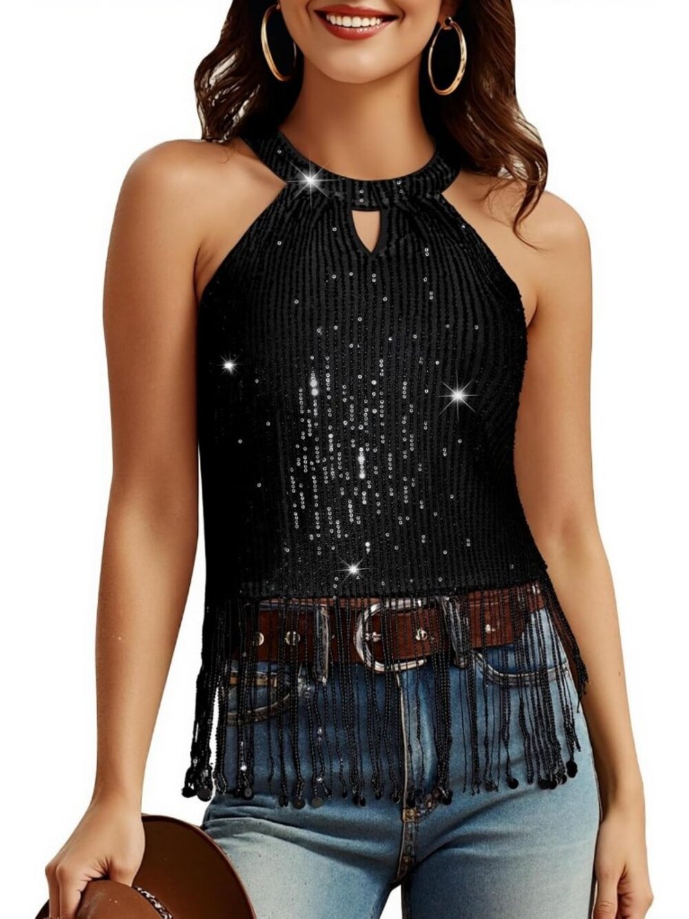 Fringe Sequin Halter Top for Women | Country Concert & Party Style Blouse